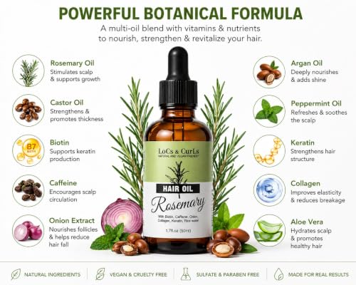 Rosemary Hair Oil for Hair Growth – Scalp Treatment with Castor, Biotin & Keratin, Nourishing Oil for Thicker-Looking Hair