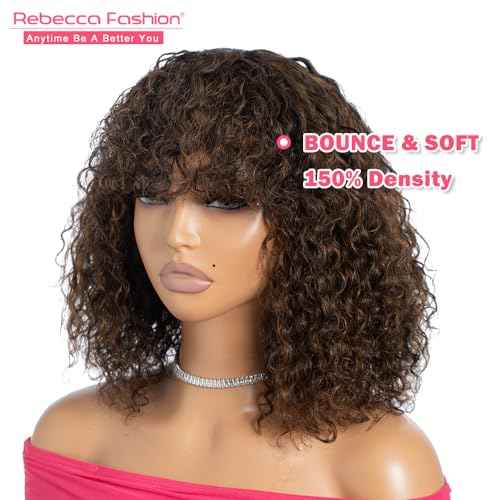 Rebecca Fashion Highlight Curly Bob Human Hair Wig with Bangs 12 Inch Short Curly Water Wave Bob Wig Human Hair Wigs for Black Women Glueless Wig 100% Brazilian Remy Hair Black Mixed Brown Color