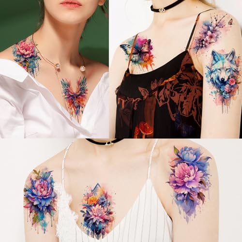 Glaryyears Watercolor Temporary Tattoos for Women Adults - Pattern A, 52 pcs