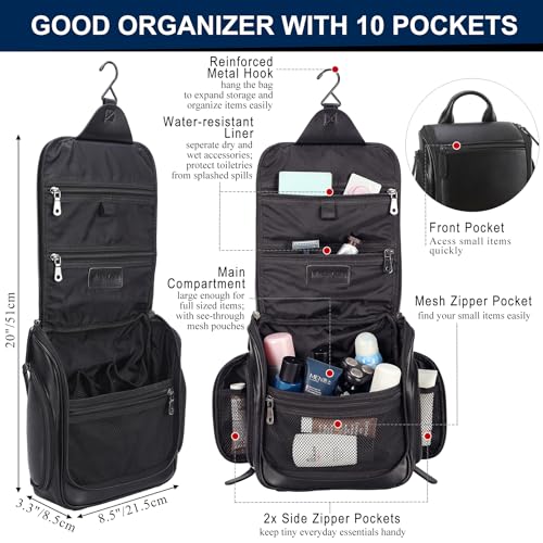 Masa Kawa Black Leather Travel Hanging Toiletry Bag for Men – Large
