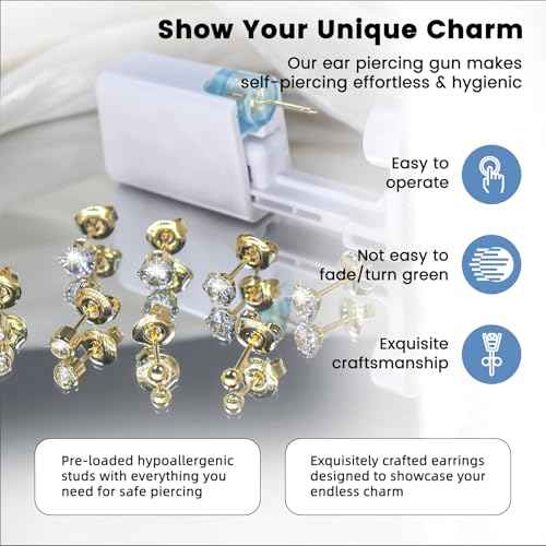 24 Pcs Ear Piercing Kit Disposable Ear Piercing Gun Kit 8 Pcs Self Piercing Gun with Cubic Zirconia Earrings Stud 4 Prong / 6 Prong Setting 3mm Diameter Ball Ear Stud Ear Piercer Kit Tool Gold