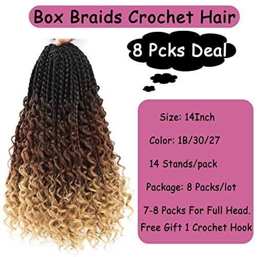 8 Packs Crochet Box Braids- Boho Box Braids Crochet Braids Hair Bohomian Box Braid Crochet Hair Synthetic Braiding Hair 14 Inch Goddess Box Braids Crochet Hair for black women (14(8Packs), 1B/30/27)