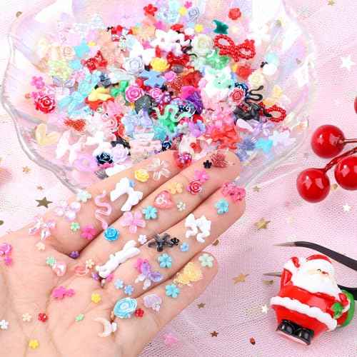 300 Pieces 3D Mix Assorted Resin Nail Charms Hollow Pearl Heart Nail Art Charms Gems Gummy Bear Star Heart Flowers Acrylic Beads