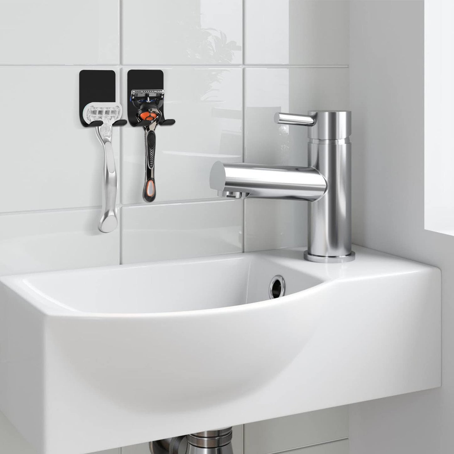 Linkidea 2 Packs Wall Mount Razor Holder for Shower, Stainless Steel Self Adhesive Shaver Hooks, Sticky Hanger Compatible with Venus Platinum, Fusion 5 Proshield, Mach 3 Classic (Black)