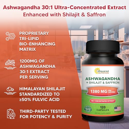aSquared Nutrition Ashwagandha with Shilajit & Saffron - 120 Capsules