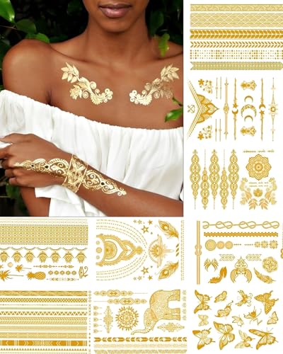 9 Sheets Gold Metallic Temporary Tattoos | 150+ Designs