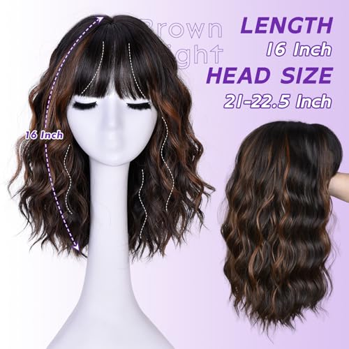 Short Wavy Wig with Bangs - 16in Brown Synthetic Hair