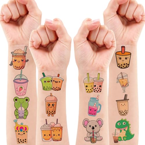 96 PCS Funny Bubble Boba Milk Tea Pre-cut Temporary Tattoos Sticker Theme Birthday Party Decorations Supplies Decor Favors Gifts Boys Girls Adults Cute Tattoo School Reward Prizes Christmas Carnival