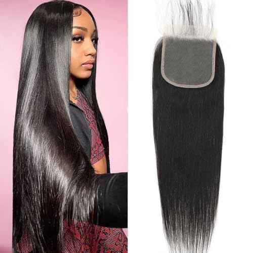 5x5 HD Transparent Closure Straight Human Hair Lace Closure Skinlike Brazilian 5x5 Closure 16inch Virgin Straight Closure 100% Real Human Hair Free Part Closure Pre Plucked Natural Black Glueless