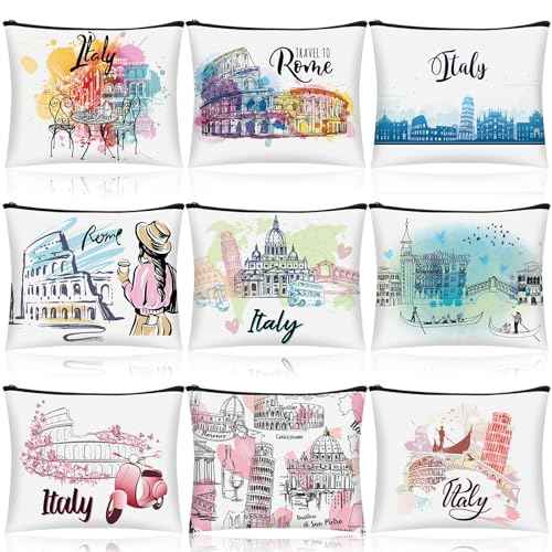 9 Pcs Italy Cosmetic Bag Souvenir Italy Travel Gifts Italian Makeup Purse Zipper Pouch for Girls Women Traveler Birthday Christmas Party Favors