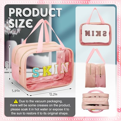 Geetery Chenille Letter Patch Makeup Bag with Handy Handle - Preppy Nylon Cosmetic Organizer with Zipper, Large Travel Toiletry Storage Bag for Women Portable Pink Makeup Case, Women Gifts