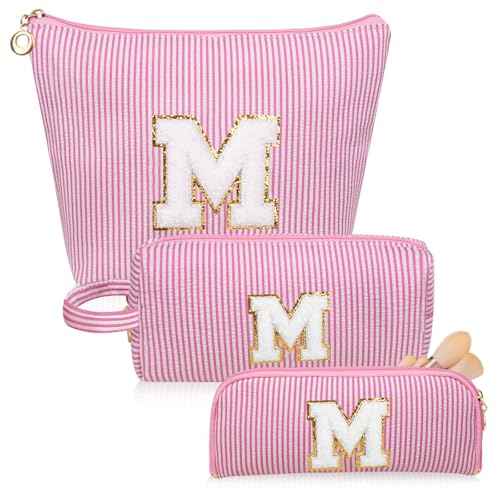 Initials Makeup Bag Set, Personalized Pink Cosmetic Bag, Cute Large Make up Bags, Travel Toiletry Bag for Women Girl Gifts M (Pink)