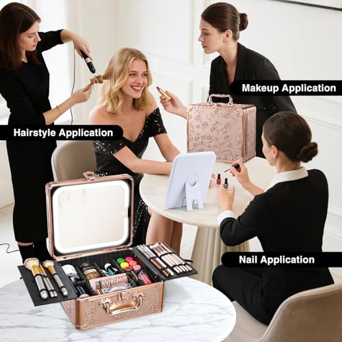 Makeup Case with Magnetic Lighted Mirror & LED Light - Rose Gold