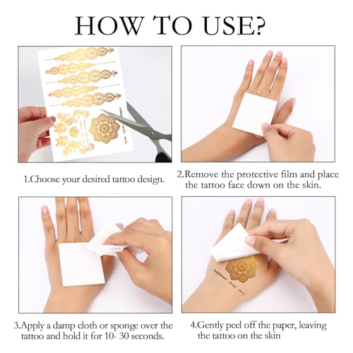 Konsait 9 Sheets Gold Metallic Temporary Tattoos for Women