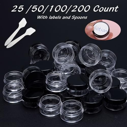 200 Count 5 Gram Sample Containers, Clear Lip Balm Containers with Lids, Small Plastic Sample Jars with 12 Mini Spoons, 200pcs Labels (Black Lid)