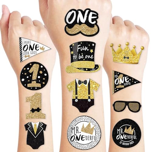 Mr Onederful First Temporary Tattoos 10 Sheets 100 PCS Onederful 1st Party Decorations Favors Supplies First Theme Birthday Stickers Gifts for Boys Girls Kids Class School Prizes Carnival Christmas
