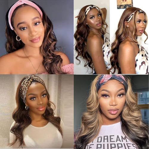 Ombre Headband Wig Human Hair #4/27 Highlight Body Wave Headband Wig Glueless None Lace Front Wig Brazilian Virgin Human Hair Wigs for Black Women Wear andGo Wig 180% Density 16 inch