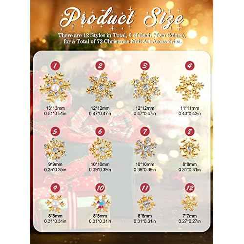 72 Pcs Christmas Snowflake Nail Charms, Kalolary 3D Glitters Nail Rhinestones with Gem Crystals Jewelry for Christmas Holiday Nail Art Decoration