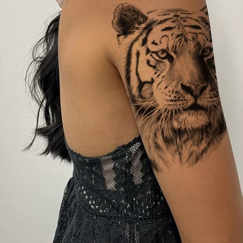 2 Sheets Realistic Animal Temporary Tattoos Stickers Sketch Lifelike Tiger Power Designs For Men Waterproof Arm Leg Fake Body Art, Gym & Parties Bold Masculine Decals