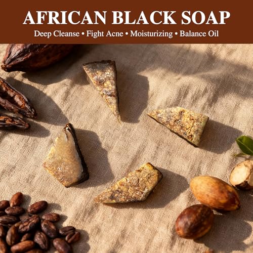 African Black Soap, 100% Pure & Natural, For Face & Body Fight Acne, Eczema & Oily Skin, With Raw Shea Butter, Palm Kernel Oil & Cocoa Pod Ash, 8 Oz
