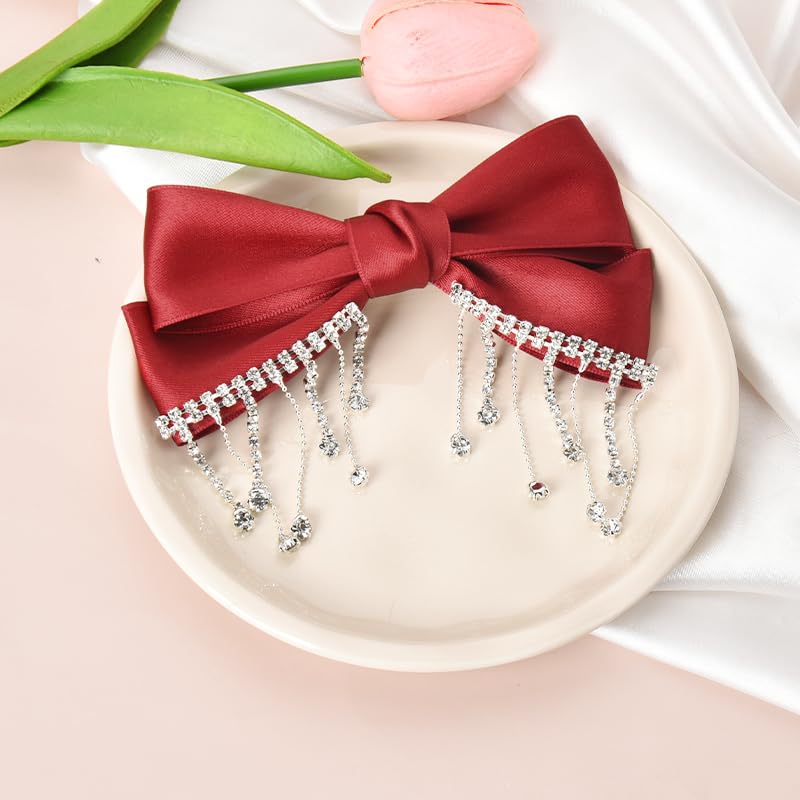 Bow Hair Clips for Women Girls Large Hair Bow Clips Elegant Rhinestones Bow for Hair Accessories Bows Satin Ribbon Hair Bows Barrette Clip Bowknot Hair Bow Decorating Party Performance Prom Hair Bow