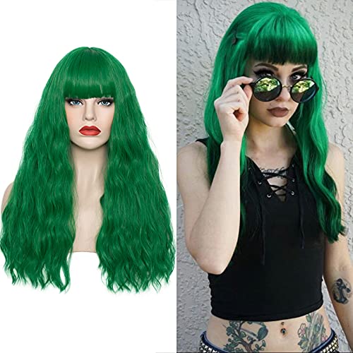 WGPFWIG Women's Dark Green Wig Short Curly Wavy Wig Shoulder Length Flat Bangs Wig For Women Girl Cosplay Party Halloween Wig Cap Included (22''Dark Green)