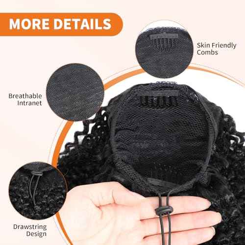 Afro Kinky Curly Ponytail Human Hair 150% Density Brazilian Virgin Hair 4C Afro Puff Drawstring Ponytail Extension for Black Women Natural Color 20 Inch