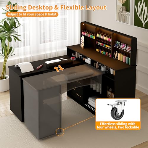 HolaiNail L-Shaped Manicure Table with Dust Collector & App-Controlled LED Light - Black