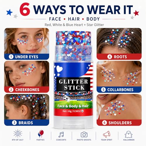 Go Ho Red White Blue Glitter Stick - Waterproof Face & Body Makeup