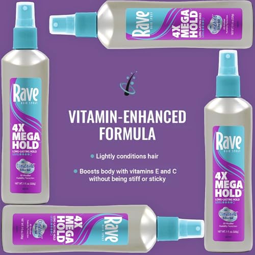 rave 4X Mega Long-Lasting Firm Hold Hair Spray for Heat Protection, Volume and Shine - 24 Hour Hold & Anti Humidity Spray for Hair - Minimizes Frizz - Unscented & Non Aerosol - 11 Fl Oz (Pack of 3)