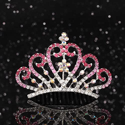 Kilshye Girls Tiaras Combs Silver Princess Tiara Haircomb Rhinestone Birthday Crown Comb Hair Accessories for Kids (Pink)