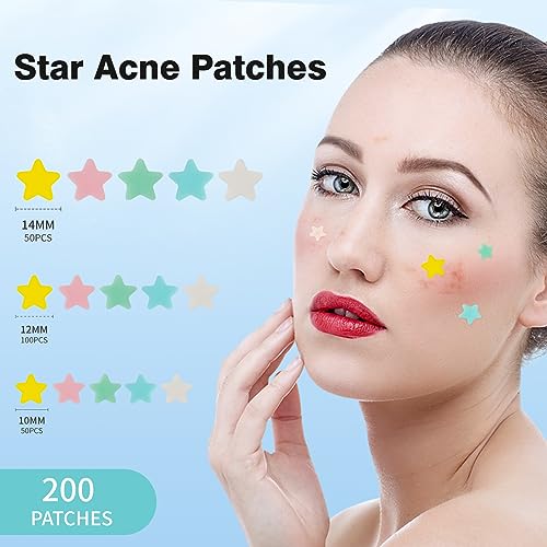 Pimple Patches for Face, Hydrocolloid Acne Patches, Cute Star Zit Covers, Colorful Spot Stickers with Tea Tree, Salicylic Acid & Cica Oil| 3 Sizes (10mm, 12mm & 14mm) |200 Count