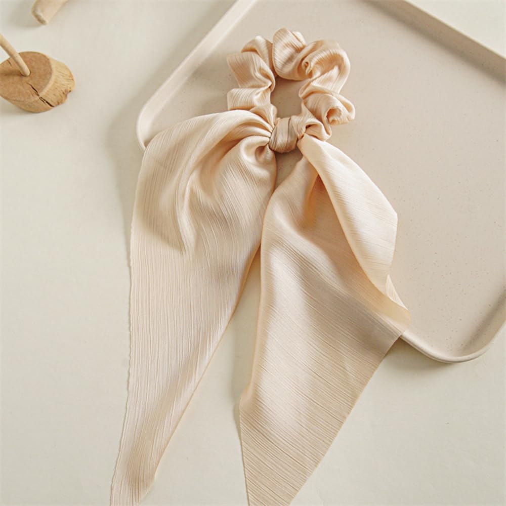 Soft Ribbed Chiffon Scrunchies and Hair Ties with Bows for Women and Girls - Black & Beige 5Pcs Set for Long Hair Ponytails and Updos