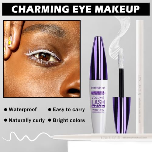 LZXLUKGIR White Mascara and Eyeliner Set - 5D Silk Fiber Mascara & White Eye Pencil