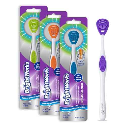 Tongue Cleaner (3-Pack) with Gentle Cheek Scraper. Two-Sided Head with Dual Action Cleaning for Fresh Breath.