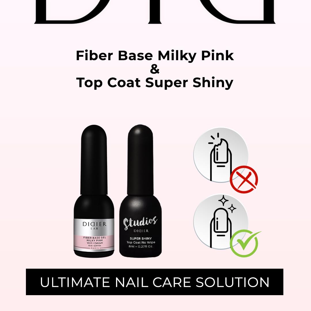 DIDIER LAB Premium Fiber Base and Top Coat Gel Nail Polish -Milky Pink Gel Base Coat Nail Polish and Long Lasting No Wipe Gel Top Coat Clear - LED UV Nail Polish Gel Set - Soak Off Gel Polish Kit 2pcs