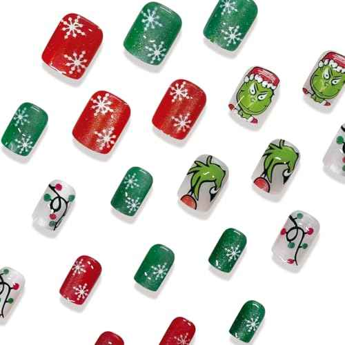 Christmas Press on Nails Short Square Fake Nails with Snowflake Green Monster Cute Cartoon Designs Xmas Nails Glitter Red Green Winter False Nails Full Cover Christmas Glue on Nail for Women 24Pcs
