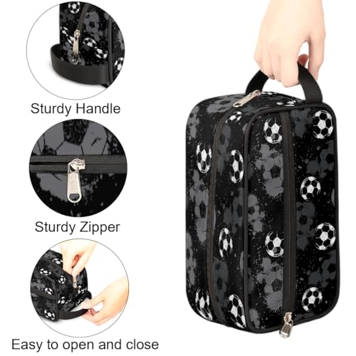 Kids Travel Toiletry Bag - Black White Soccer Ball Waterproof Hanging Cosmetic Hygiene Bags for Boys Men - Large Shave Kit for Toiletries Accessories Bathroom Stuff