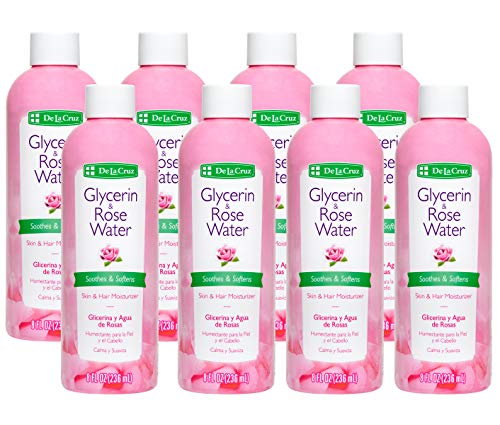 De La Cruz Rose Water and Glycerin for Face - Rosewater Facial Toner and Moisturizer for Skin and Hair 8 fl oz (236 mL) - 8 Bottles