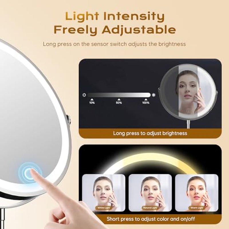 9" Makeup Mirror with Lights, 20X Vanity Mirror with Lights,3 Color Height Adjustable Lighted Makeup Mirror with Magnification, 5000mAh Rechargeable 360¡Æ Double Sided LED Mirror for Desk, Women Gift