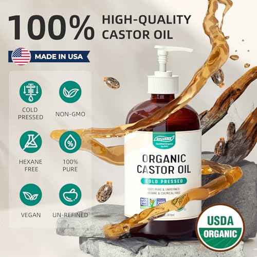 SYLVANA Organic Castor Oil (16oz Glass Bottle), USDA Certified Organic, Cold Pressed, Vegan, Hexane Free - 100% Pure Castor Oil for Nourishing Skin, Hair Growth, Lashes & Eyebrows