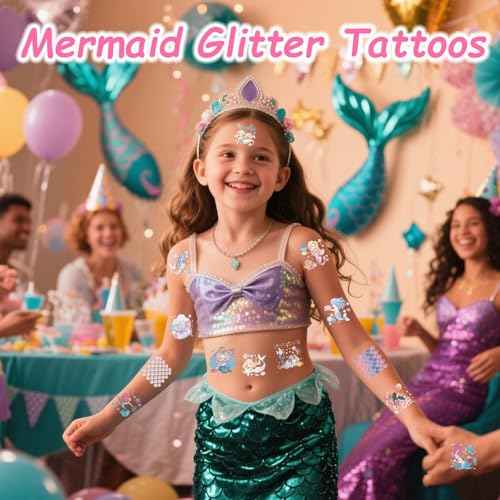 Mermaid Unicorn Glitter-Tattoos for Girls - 180Pcs Butterfly Individually Glitter Tattoos Temporary for Kids Pre-cut Design Waterproof Goodie Bags Stuffers School Birthday Party Favors Supplies Decor