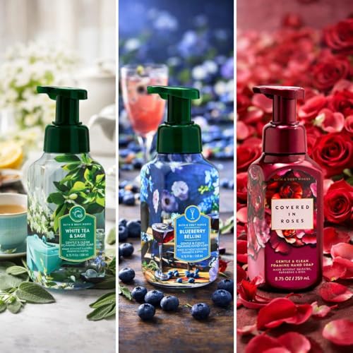 Bath & Body Works Foaming Hand Soap 3-Pack Bundle – White Tea, Blueberry, Roses