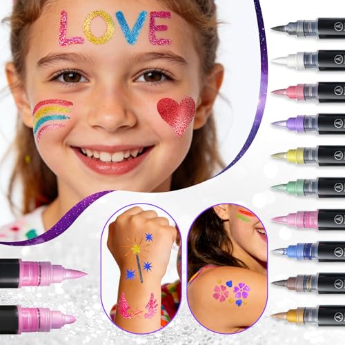 Temporary Tattoo Markers with 8 Stencils - 10 Dual-End Metallic Pens