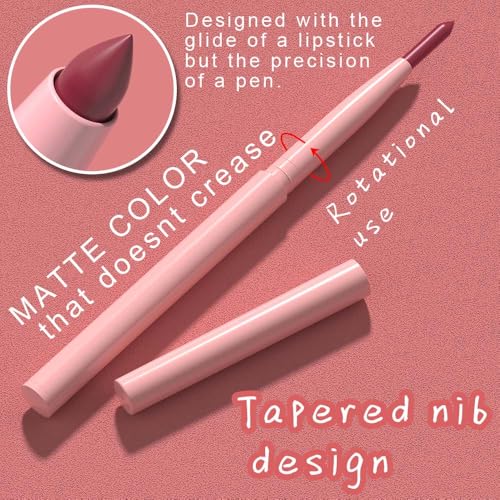 Kaely 12Pcs Retractable Lip Liner Pencils Set for Painting Outline Plump Lips, Mauve Maroon Red Orange Nude Coffee Brown Plum Taupe Creamy Matte Velvet Pigmented Lip Colors Liner Crayon Lipstick Set