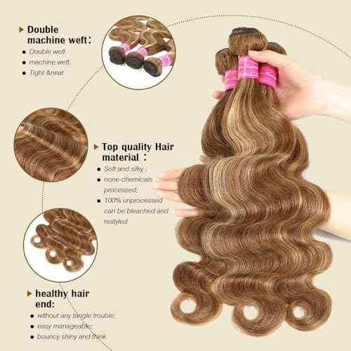 Beautymoon Brown Highlight Body Wave Bundles Ombre Human Hair 3 Bundles 22 24 26 Inch 100% Unprocessed Brazilian Virgin Hair Honey Blonde Bundle Human Hair Body Wave Hair Extensions for Black Women