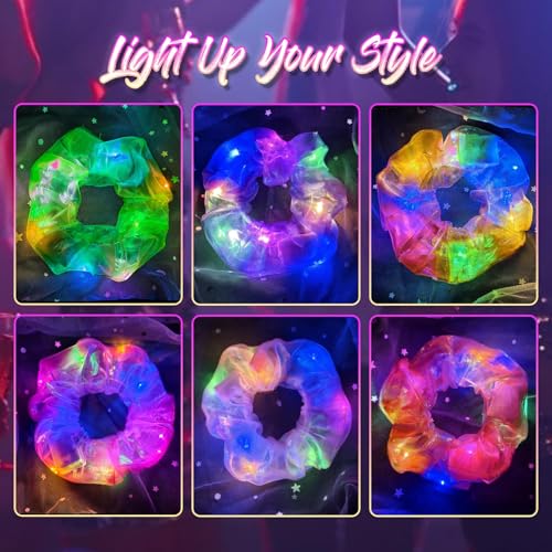 LED Light Up Hair Scrunchies 6 Pack - 3 Modes Glow
