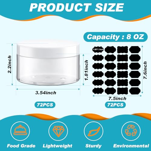 Dandat 72 Pcs 8 oz Plastic Jar Container with Lid and Label Refillable Empty Round White PET Cosmetic Sample Slime Containers for Lotion, Cream, Ointments, Body Butter, Makeup, Travel Storage