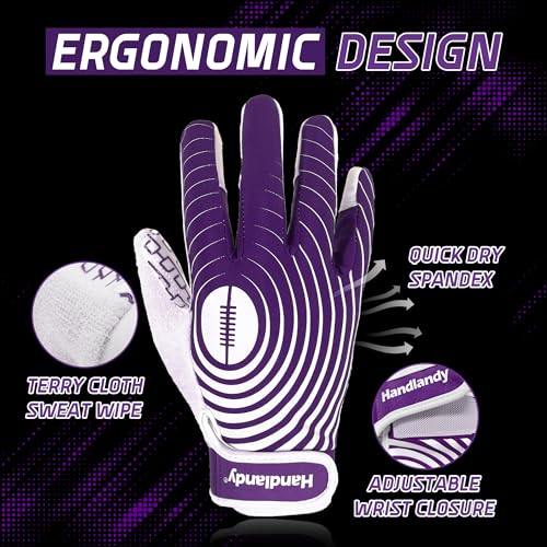 HANDLANDY Football Gloves Youth, Sticky Kids Receiver Gloves for Boys Girls, Stretch Fit Flag Football Gloves (White and Purple, X-Small)