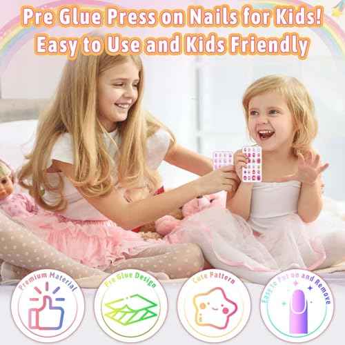 144 Pcs Kids Fake Nails Set, Thrilez 6 Pack Press on Nail Pre-glue Artificial False Acrylic Nails Set for Little Girl Children Toddlers